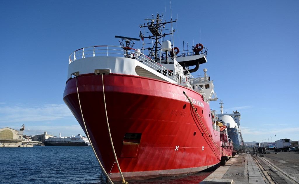 The NGO SOS Mediteranee's rescue ship "Ocean Viking" is docked in Marseille harbour on December 29, 2020. - The migrants rescue ship Ocean Viking was detained and immobilised by Italian authorities for five months and is in Marseille since its release. It will leave again for a new rescue campaign in the central Mediterranean sea in January. (Photo by NICOLAS TUCAT / AFP)