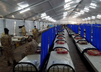 Qatari soldiers gather inside a field hospital donated by Qatar for the coronavirus disease (COVID-19) patients, outside El Yasminet hospital in Ben Arous, Tunsia  July 13, 2021. Picture taken July 13, 2021. REUTERS/Jihed Abidellaoui