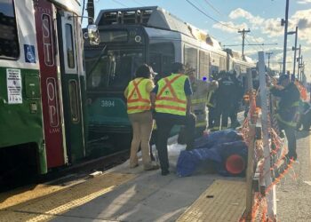 Another picture of two green line Boston trains after a crash