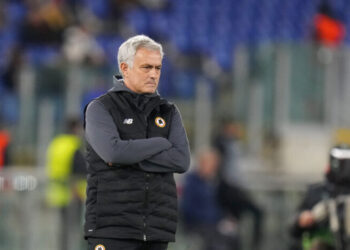 Roma's head coach Jose Mourinho reacts during the Europa conference league soccer match between Roma and Bodo Glimt at Rome's Olympic Stadium, Thursday, Nov. 4, 2021. (AP Photo/Alessandra Tarantino)