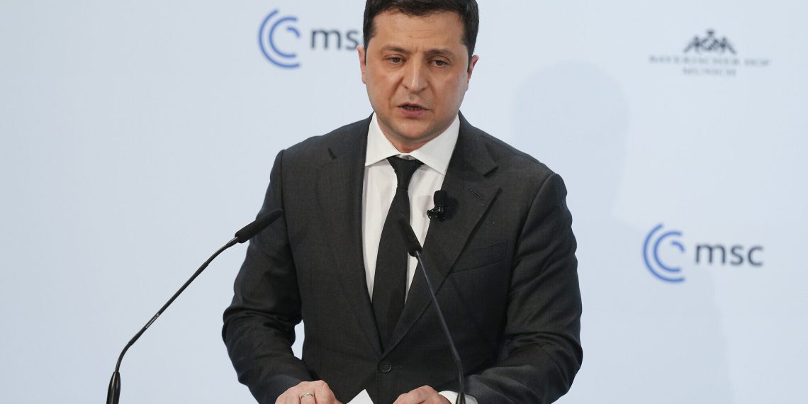 Ukrainian President Volodymyr Zelenskyy delivers his speech during the Munich Security Conference in Munich, Germany, Saturday, Feb. 19, 2022. (AP Photo/Michael Probst)