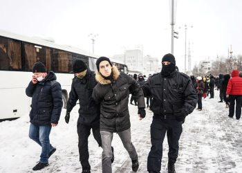 A person is detained during an anti-war protest, following Russia's invasion of Ukraine, in Yekaterinburg, Russia March 6, 2022. Handout via REUTERS THIS IMAGE HAS BEEN SUPPLIED BY A THIRD PARTY. NO RESALES. NO ARCHIVES