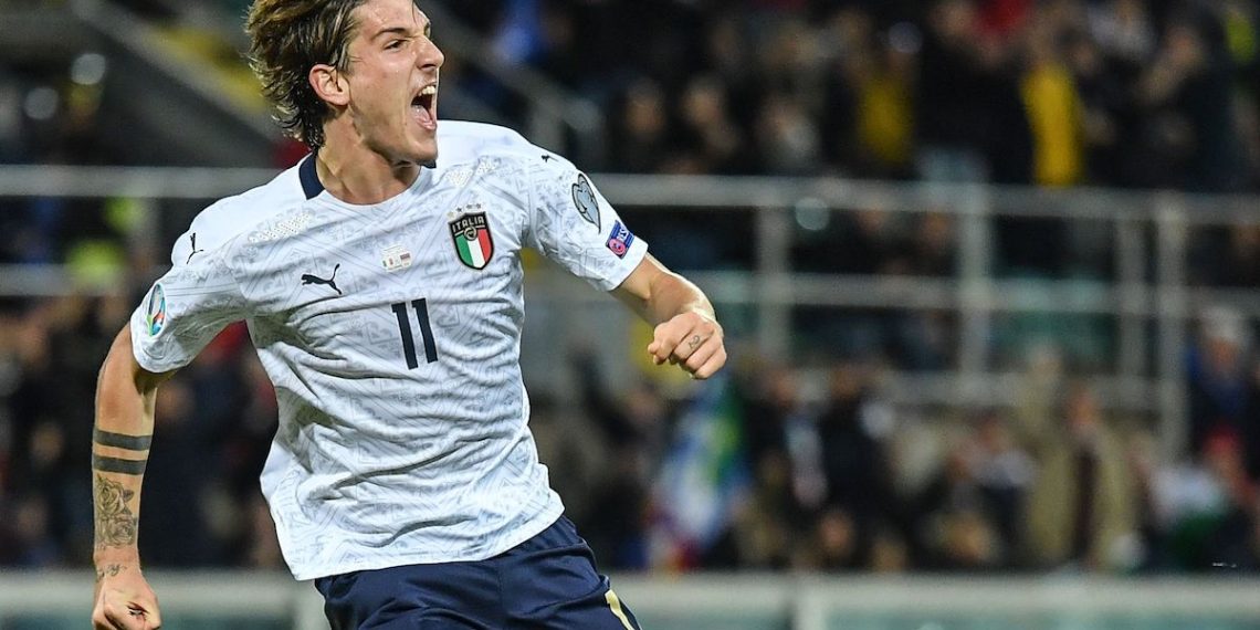 Italy's midfielder Nicolo Zaniolo celebrates after scoring his second goal during the Euro 2020 1st round Group J qualifying football match Italy v Armenia on November 18, 2019 at the Renzo-Barbera stadium in Palermo. (Photo by Andreas SOLARO / AFP) (Photo by ANDREAS SOLARO/AFP via Getty Images)