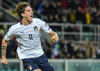 Italy's midfielder Nicolo Zaniolo celebrates after scoring his second goal during the Euro 2020 1st round Group J qualifying football match Italy v Armenia on November 18, 2019 at the Renzo-Barbera stadium in Palermo. (Photo by Andreas SOLARO / AFP) (Photo by ANDREAS SOLARO/AFP via Getty Images)