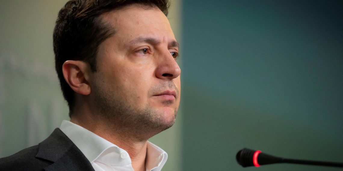 Ukrainian President Volodymyr Zelenskiy attends a news briefing in Kyiv, Ukraine, February 24, 2022. Ukrainian Presidential Press Service/Handout via REUTERS ATTENTION EDITORS - THIS IMAGE WAS PROVIDED BY A THIRD PARTY.