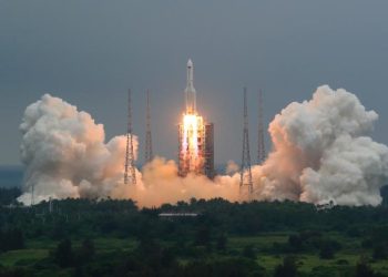 In this photo released by China???s Xinhua News Agency, a Long March 5B rocket carrying a module for a Chinese space station lifts off from the Wenchang Spacecraft Launch Site in Wenchang in southern China???s Hainan Province, Thursday, April 29, 2021. China has launched the core module on Thursday for its first permanent space station that will host astronauts long-term. (Ju Zhenhua/Xinhua via AP)