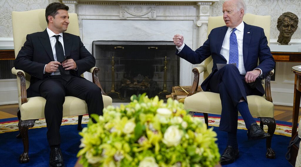 President Joe Biden meets with Ukrainian President Volodymyr Zelenskyy in the Oval Office of the White House, Wednesday, Sept. 1, 2021, in Washington. (AP Photo/Evan Vucci)