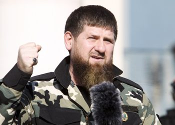 Ramzan Kadyrov, leader of the Russian province of Chechnya gestures speaking to about 10,000 troops in Chechnya's regional capital of Grozny, Russia, Tuesday, March 29, 2022. (AP Photo)