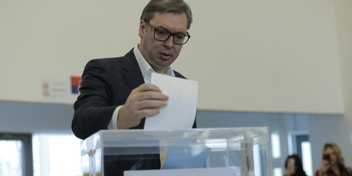 BELGRADE, SERBIA - APRIL 03: Serbian President Aleksandar Vucic casts his votes during local, parliamentary and presidential elections at a polling station in Belgrade, Serbia on April 03, 2022. ( Samır Jordamovıc - Anadolu Agency )