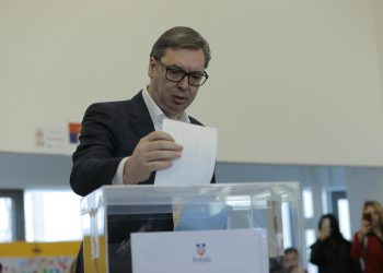 BELGRADE, SERBIA - APRIL 03: Serbian President Aleksandar Vucic casts his votes during local, parliamentary and presidential elections at a polling station in Belgrade, Serbia on April 03, 2022. ( Samır Jordamovıc - Anadolu Agency )