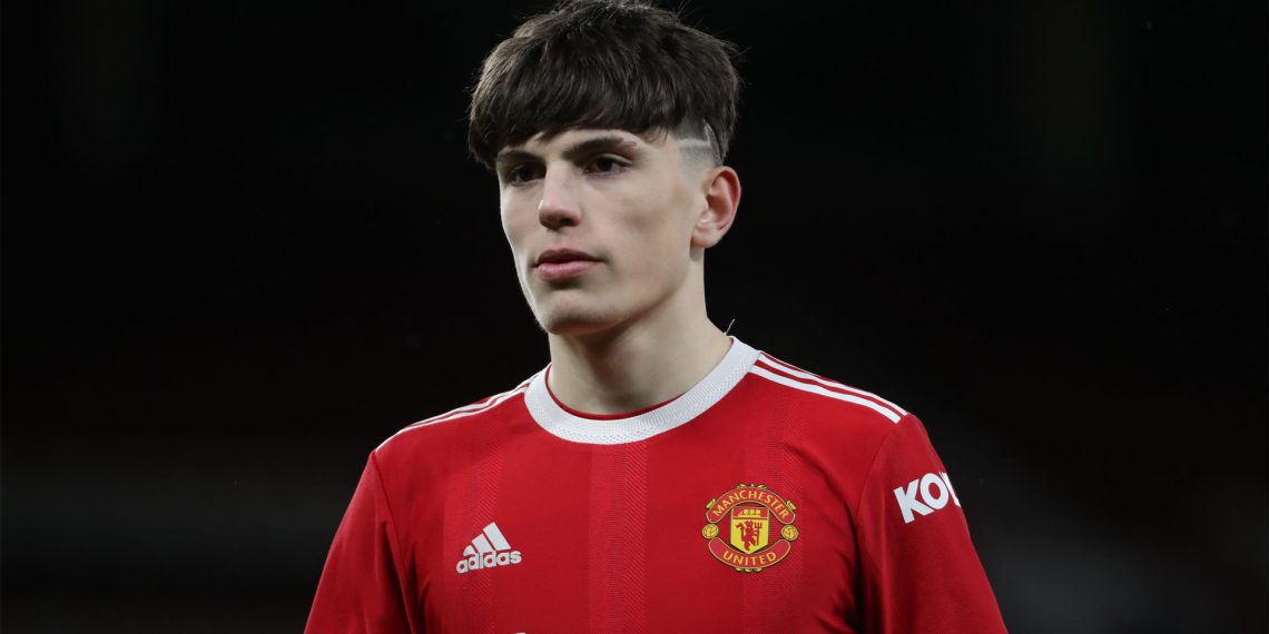 MANCHESTER, ENGLAND - FEBRUARY 24: Alejandro Garnacho of Manchester United U18s in action during the FA Youth Cup match between Manchester United U18s and Leicester City U18s at Old Trafford on February 24, 2022 in Manchester, England. (Photo by Tom Purslow/Manchester United via Getty Images)