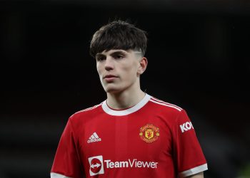 MANCHESTER, ENGLAND - FEBRUARY 24: Alejandro Garnacho of Manchester United U18s in action during the FA Youth Cup match between Manchester United U18s and Leicester City U18s at Old Trafford on February 24, 2022 in Manchester, England. (Photo by Tom Purslow/Manchester United via Getty Images)