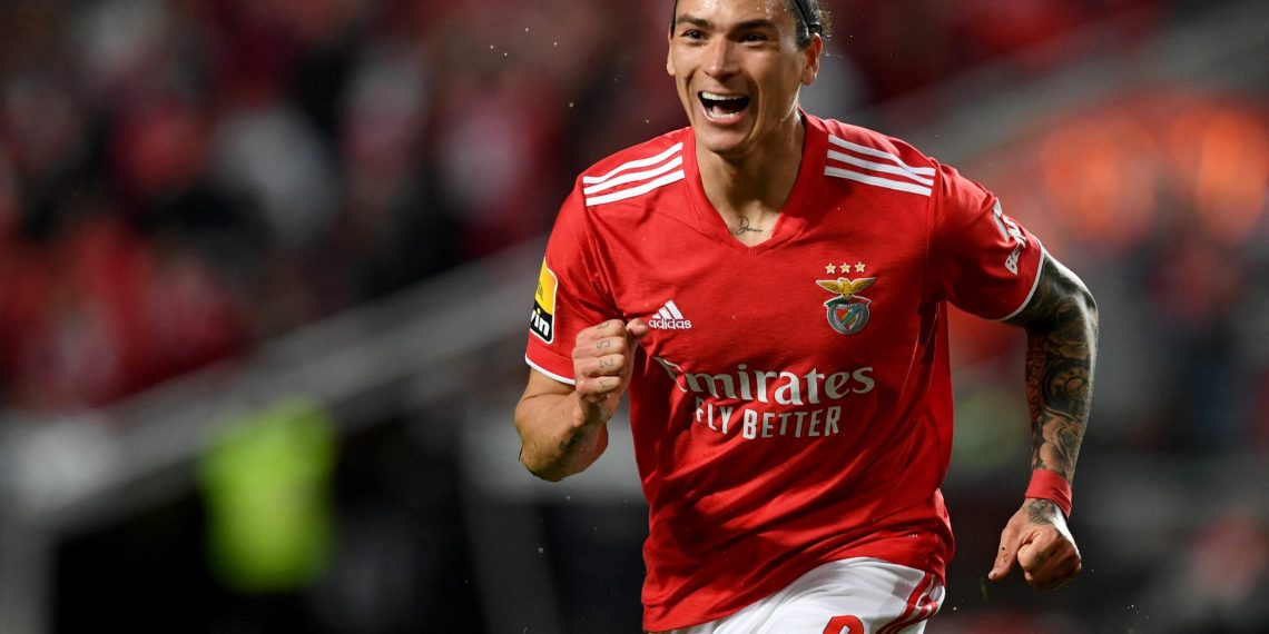 Benfica's Uruguayan forward Darwin Nunez celebrates a goal during the Portuguese league football match between SL Benfica and Vitoria Guimaraes SC at the Luz stadium in Lisbon on February 27, 2022. (Photo by Patricia De Melo MOREIRA / AFP) (Photo by PATRICIA DE MELO MOREIRA/AFP via Getty Images)