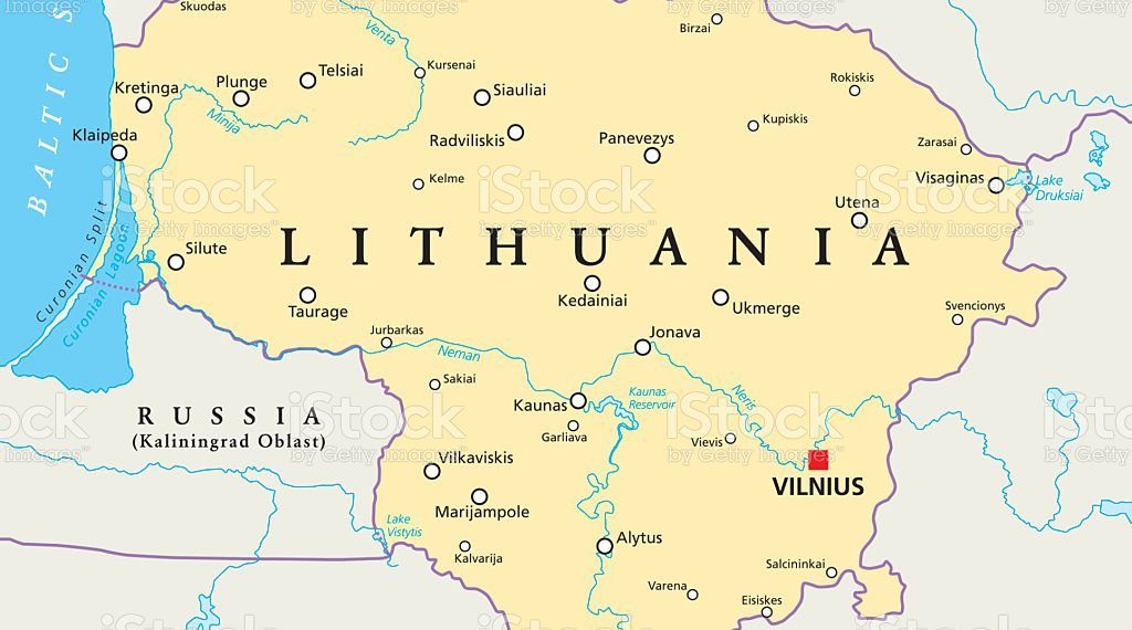 Lithuania political map with capital Vilnius, national borders, important cities, rivers and lakes. English labeling and scaling. Illustration.