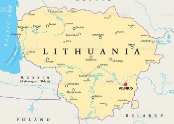 Lithuania political map with capital Vilnius, national borders, important cities, rivers and lakes. English labeling and scaling. Illustration.