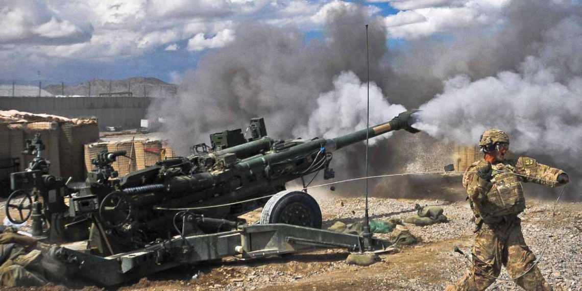 Pfc. Erik Park from San Mateo, Calif., fires his M777 155 mm howitzer at Forward Operating Base Orgun-E Sept. 3. Park, who is in 3rd Platoon, Alpha Battery, 1st Battalion, 77th Field Artillery Regiment, 172nd Infantry Brigade, is the "number one" man on the five-man numbered team that operates the massive weapon system.