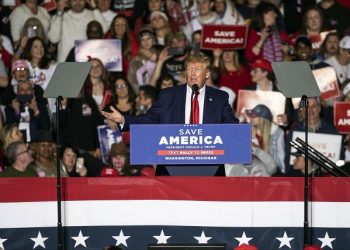 Former President Donald Trump speaks during a rally at the Michigan Stars Sports Center in Washington Township, Mich., Saturday, April 2, 2022. (Junfu Han/Detroit Free Press via AP)