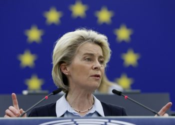 European Commission President Ursula von der Leyen delivers a speech during a debate on the conclusions of the European Council meeting of March 24-25 2022, including the latest developments of the war against Ukraine and the EU sanctions against Russia, Wednesday, April 6, 2022 in Strasbourg, eastern France. (AP Photo/Jean-Francois Badias)