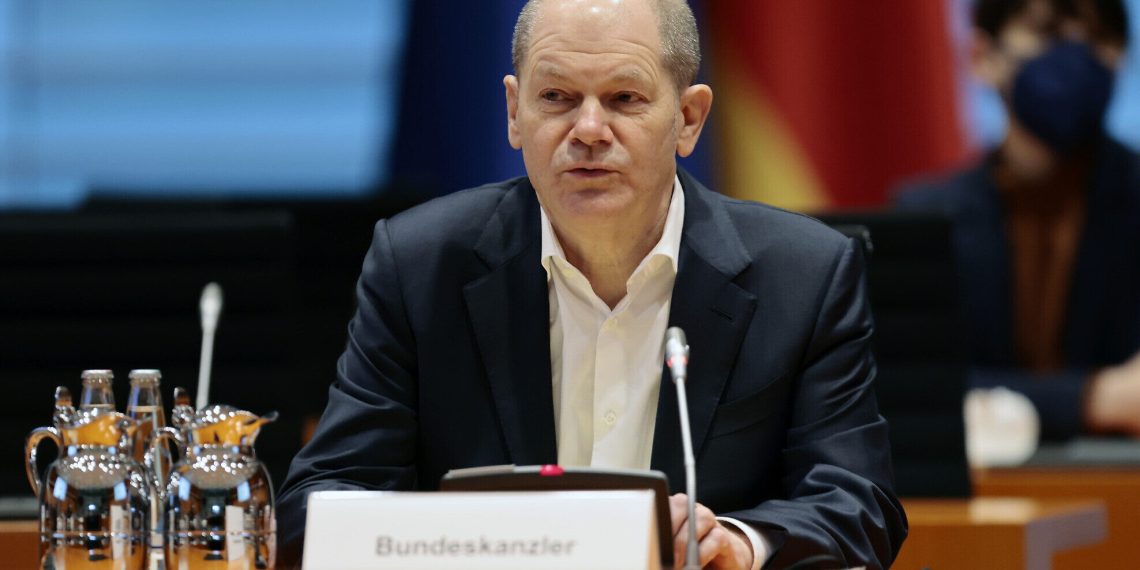 German Chancellor Olaf Scholz arrives for a Security Cabinet meeting at the Chancellery in Berlin, Germany, Monday, Feb. 28, 2022. (AP Photo/Hannibal Hanschke, Pool)