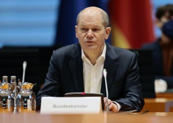 German Chancellor Olaf Scholz arrives for a Security Cabinet meeting at the Chancellery in Berlin, Germany, Monday, Feb. 28, 2022. (AP Photo/Hannibal Hanschke, Pool)