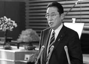 Japanese Prime Minister Fumio Kishida speaks to reporters at his office in Tokyo on March 1, 2022, after having phone talks with leaders of the other Group of Seven major industrialized nations as well as Poland and Romania on Russia's invasion of Ukraine. (Photo by Kyodo News/Sipa USA)