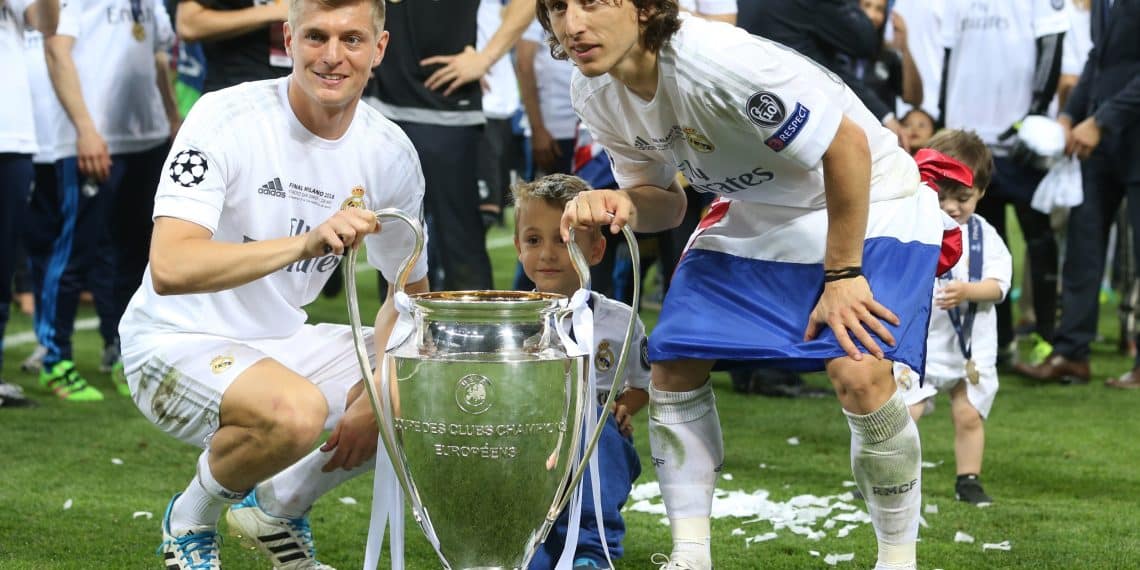 Toni Kroos of Real Madrid, Luka Modric of Real Madrid during the UEFA Champions League final match between Real Madrid and Atletico Madrid on May 28, 2016 at the Giuseppe Meazza San Siro stadium in Milan, Italy.(Photo by VI Images via Getty Images)