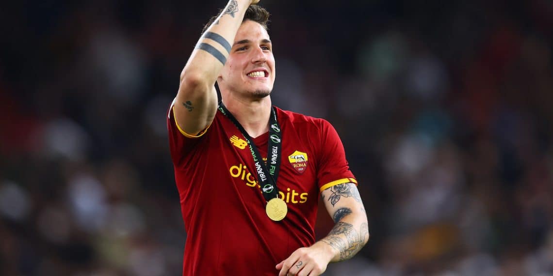 TIRANA, ALBANIA - MAY 25: Nicolo Zaniolo of AS Roma celebrates following their sides victory in the UEFA Conference League final match between AS Roma and Feyenoord at Arena Kombetare on May 25, 2022 in Tirana, Albania. (Photo by Alex Pantling/Getty Images)