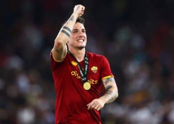 TIRANA, ALBANIA - MAY 25: Nicolo Zaniolo of AS Roma celebrates following their sides victory in the UEFA Conference League final match between AS Roma and Feyenoord at Arena Kombetare on May 25, 2022 in Tirana, Albania. (Photo by Alex Pantling/Getty Images)