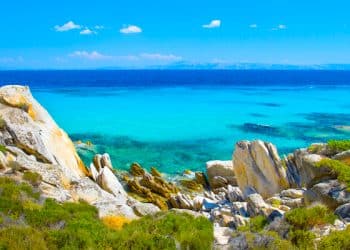 Rocky coastline and a beautiful clear water at Halkidiki Kassandra peninsula in Greece