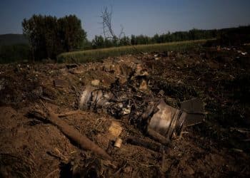 Debris is seen at the crash site of an Antonov An-12 cargo plane owned by a Ukrainian company, near Kavala, Greece, July 17, 2022. REUTERS/Alkis Konstantinidis