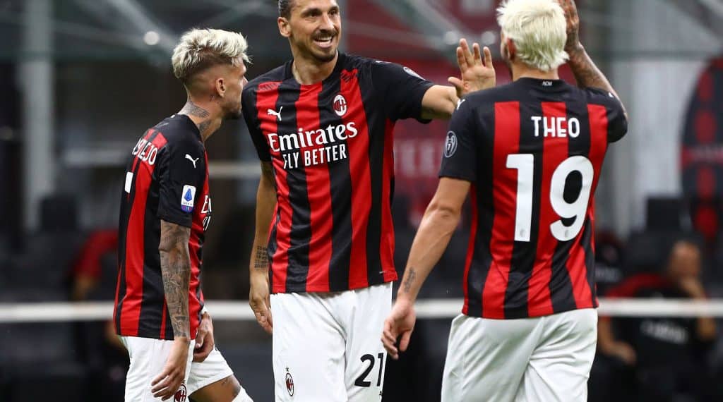 MILAN, ITALY - AUGUST 01:  Zlatan Ibrahimovic (L) of AC Milan celebrates after scoring the second goal of his team with his team-mate Theo Hernandez (R) during the Serie A match between AC Milan and Cagliari Calcio at Stadio Giuseppe Meazza on August 1, 2020 in Milan, Italy.  (Photo by Marco Luzzani/Getty Images)