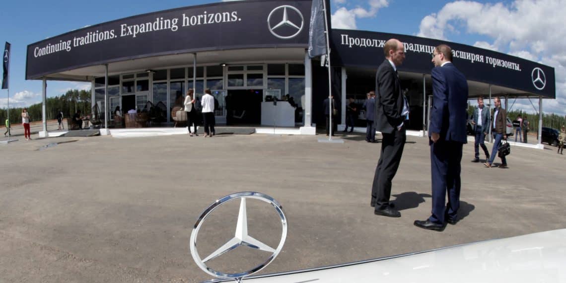 The Mercedes-Benz logo is seen on a car at a new Mercedes-Benz plant's cornerstone laying ceremony in the town of Esipovo outside Moscow, Russia, June 20, 2017. REUTERS/Tatyana Makeyeva