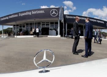 The Mercedes-Benz logo is seen on a car at a new Mercedes-Benz plant's cornerstone laying ceremony in the town of Esipovo outside Moscow, Russia, June 20, 2017. REUTERS/Tatyana Makeyeva