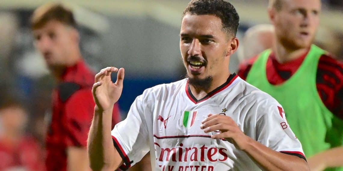 AC Milan's Algerian defender Ismael Bennacer celebrates after scoring an equalizer during the Italian Serie A football match between Atalanta and AC Milan on August 21, 2022 at the stadio Atleti Azzurri d'Italia stadium in Bergamo. (Photo by Miguel MEDINA / AFP) (Photo by MIGUEL MEDINA/AFP via Getty Images)