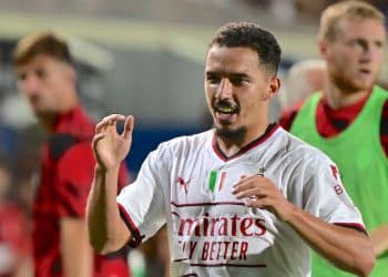 AC Milan's Algerian defender Ismael Bennacer celebrates after scoring an equalizer during the Italian Serie A football match between Atalanta and AC Milan on August 21, 2022 at the stadio Atleti Azzurri d'Italia stadium in Bergamo. (Photo by Miguel MEDINA / AFP) (Photo by MIGUEL MEDINA/AFP via Getty Images)