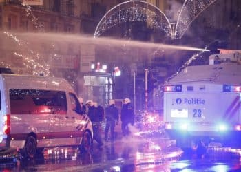 Soccer Football - FIFA World Cup Qatar 2022 - Fans in Brussels watch Belgium v Morocco - Brussels, Belgium - November 27, 2022 Police officers are pictured in the streets of Brussels after the match REUTERS/Yves Herman