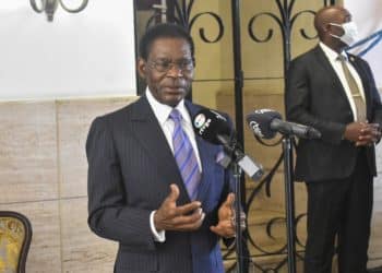 Equatorial Guinea's President Teodoro Obiang Nguema Mbasogo speaks after casting his ballot at the polling station of the former Ministry of Foreign Affairs in Malabo during Equatorial Guinea's presidential, legislative and municipal elections on November 20, 2022. - Equatorial Guinea goes to the polls with President Teodoro Obiang Nguema Mbasogo all-but certain of winning a record sixth term in a the West African country with next to no opposition. (Photo by Samuel OBIANG / AFP)