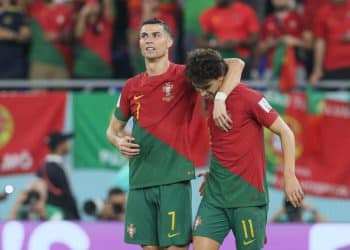 Portuguese Cristiano Ronaldo and Portuguese Joao Felix celebrate during a soccer game between Portugal and Ghana, in Group H of the FIFA 2022 World Cup in Doha, State of Qatar on Thursday 24 November 2022. BRUNOxFAHY PUBLICATIONxNOTxINxBELxFRAxNED x53467723x