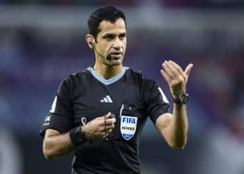 Soccer: World Cup, USA - Wales, preliminary round, Group B, Matchday 1, Ahmed bin Ali Stadium. Referee Abdulrahman Al Jassim gestures.