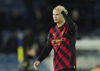 Manchester City's Erling Haaland reacts after the English Premier League soccer match between Leeds United and Manchester City, at Elland Road Stadium in Leeds, England, Wednesday, Dec. 28, 2022. (AP Photo/Jon Super)