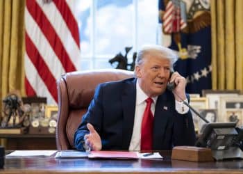 In this image released in the final report by the House select committee investigating the Jan. 6 attack on the U.S. Capitol, on Thursday, Dec. 22, 2022, President Donald Trump talks on the phone to Vice President Mike Pence from the Oval Office of the White House on the morning of Jan. 6, 2021. Congress has passed changes to the arcane law that controls how it ratifies the winner of a presidential election. The legislation is an effort to close loopholes that Trump and his allies tried to exploit so he could remain president after losing the 2020 presidential election to Joe Biden. (House Select Committee via AP)