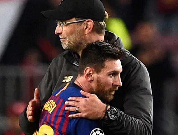 Barcelona's Argentinian forward Lionel Messi is congratulated by Liverpool's German coach Jurgen Klopp after the UEFA Champions League semi-final first leg football match between Barcelona and Liverpool at the Camp Nou Stadium in Barcelona on May 1, 2019. (Photo by Josep LAGO / AFP)