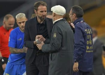 Gareth Southgate manager of England, left, greets Gianluca Vialli after the Nations League soccer match between England and Italy at Molineux Stadium in Wolverhampton, England, Saturday, June 11, 2022. The match ended in a 0-0 draw. (AP Photo/Jon Super)