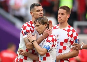 221123 -- AL KHOR, Nov. 23, 2022 -- Dejan Lovren L of Croatia hugs teammate Luka Modric C after the Group F match between Morocco and Croatia at the 2022 FIFA World Cup, WM, Weltmeisterschaft, Fussball at Al Bayt Stadium in Al Khor, Qatar, Nov. 23, 2022.  SPQATAR-AL KHOR-2022 WORLD CUP-GROUP F-MAR VS CRO JiaxHaocheng PUBLICATIONxNOTxINxCHN