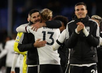 26th December 2022 Selhurst Park, Crystal Palace, London, England Premier League Football, Crystal Palace versus Fulham Aleksandar Mitrovic of Fulham celebrates the 0-3 win with Tim Ream PUBLICATIONxNOTxINxUK ActionPlus12461132 ShaunxBrooks