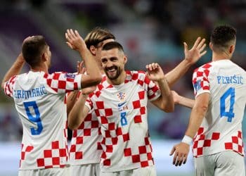 Croatia's forward #09 Andrej Kramaric celebrates after scoring his team's third goal during the Qatar 2022 World Cup Group F football match between Croatia and Canada at the Khalifa International Stadium in Doha on November 27, 2022. (Photo by Adrian DENNIS / AFP)