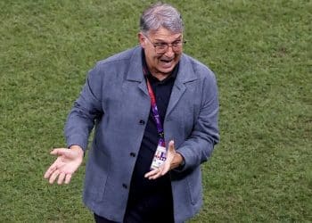 epa10331186 Head coach Gerardo Martino of Mexico gestures towards his bench during the FIFA World Cup 2022 group C soccer match between Argentina and Mexico at Lusail Stadium in Lusail, Qatar, 26 November 2022.  EPA-EFE/Rungroj Yongrit