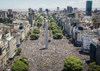 BUENOS AIRES, ARGENTINA - DECEMBER 20: Aerial view of Obelisk as a multitude of Argentine fans gather for a victory parade of the Argentina men's national football team after winning the FIFA World Cup Qatar 2022 on December 20, 2022 in Buenos Aires, Argentina. (Photo by Marcelo Endelli/Getty Images)