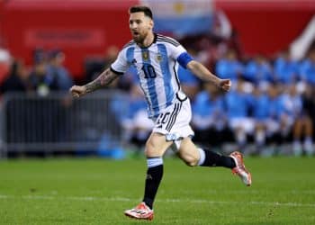 HARRISON, NEW JERSEY - SEPTEMBER 27:  Lionel Messi #10 of Argentina celebrates his goal in the second half against Jamaica at Red Bull Arena on September 27, 2022 in Harrison, New Jersey. Argentina defeated Jamaica 3-0. (Photo by Elsa/Getty Images)