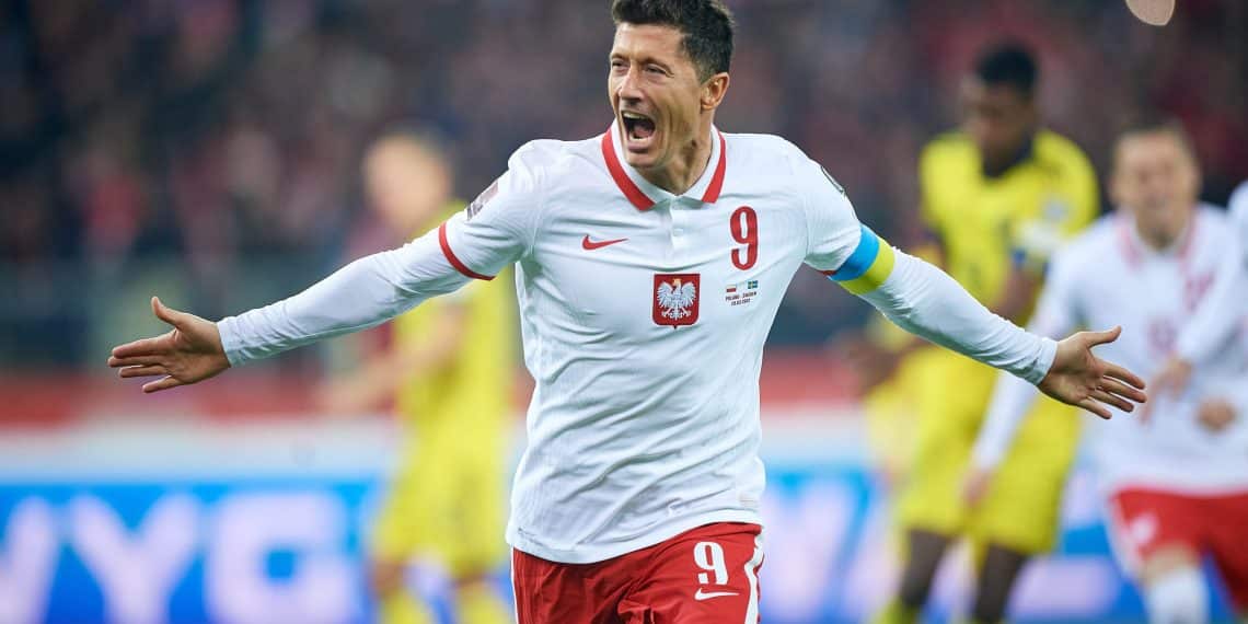 CHORZOW, POLAND - MARCH 29: Robert Lewandowski of Poland celebrates scoring the first goal of his team during the 2022 FIFA World Cup Qualifier knockout round play-off match between Poland and Sweden at Silesian Stadium on March 29, 2022 in Chorzow, Poland. (Photo by Rafal Oleksiewicz/PressFocus/MB Media/Getty Images)